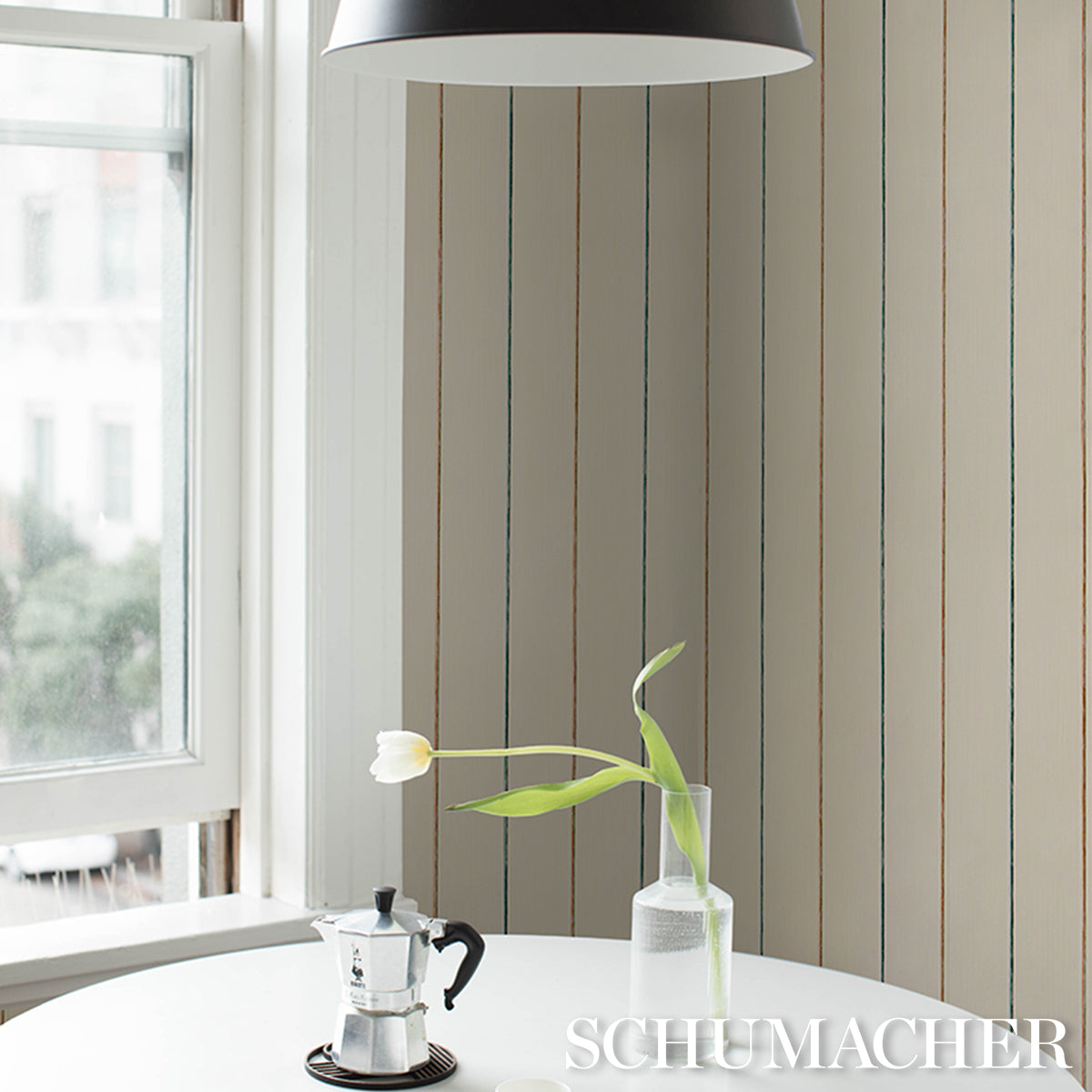 Stainless moka pot & white tulip in a glass vase on a white table, striped beige walls and daylight create minimalist vibe.