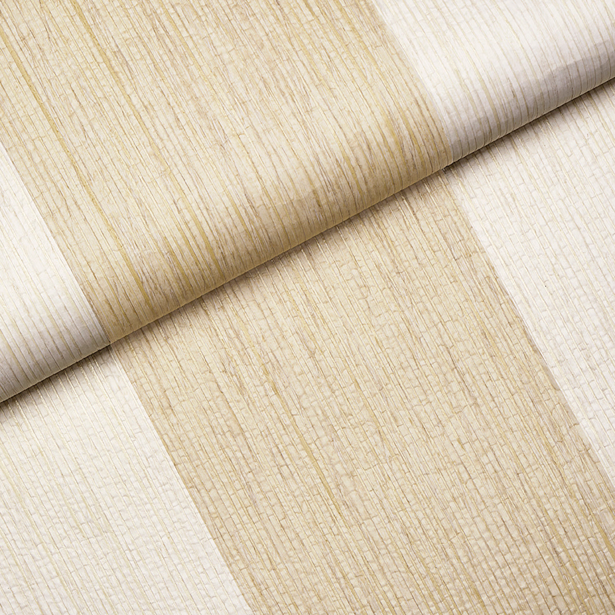 Beige and cream striped linen-like fabric roll with a textured woven pattern; ideal for upholstery or drapery.