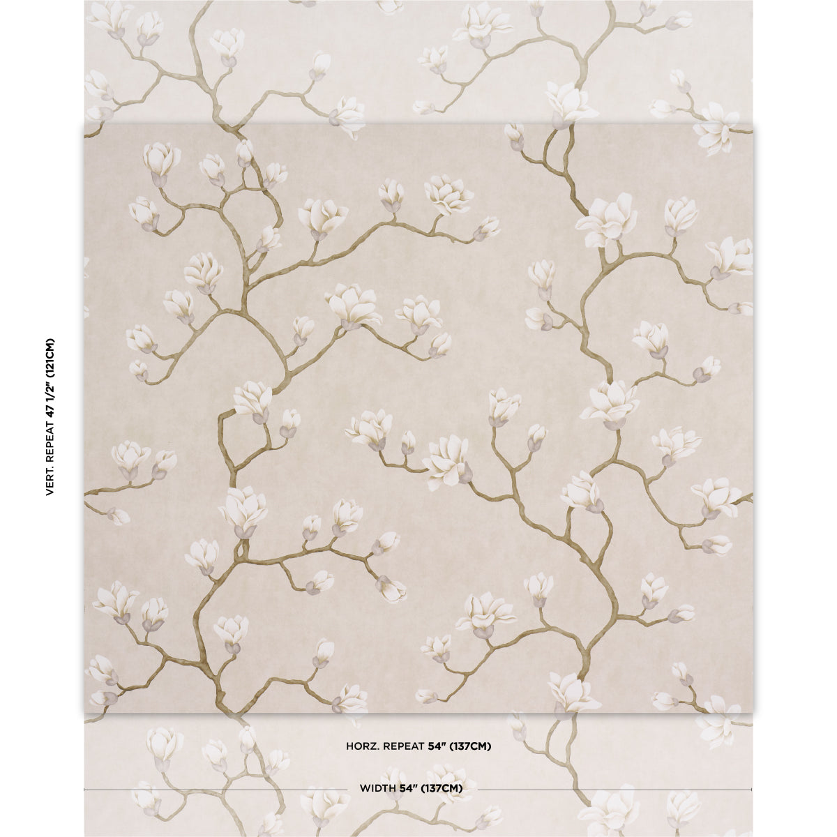 Beige botanical wallpaper with brown branches and white blossom clusters in a soft neutral design.