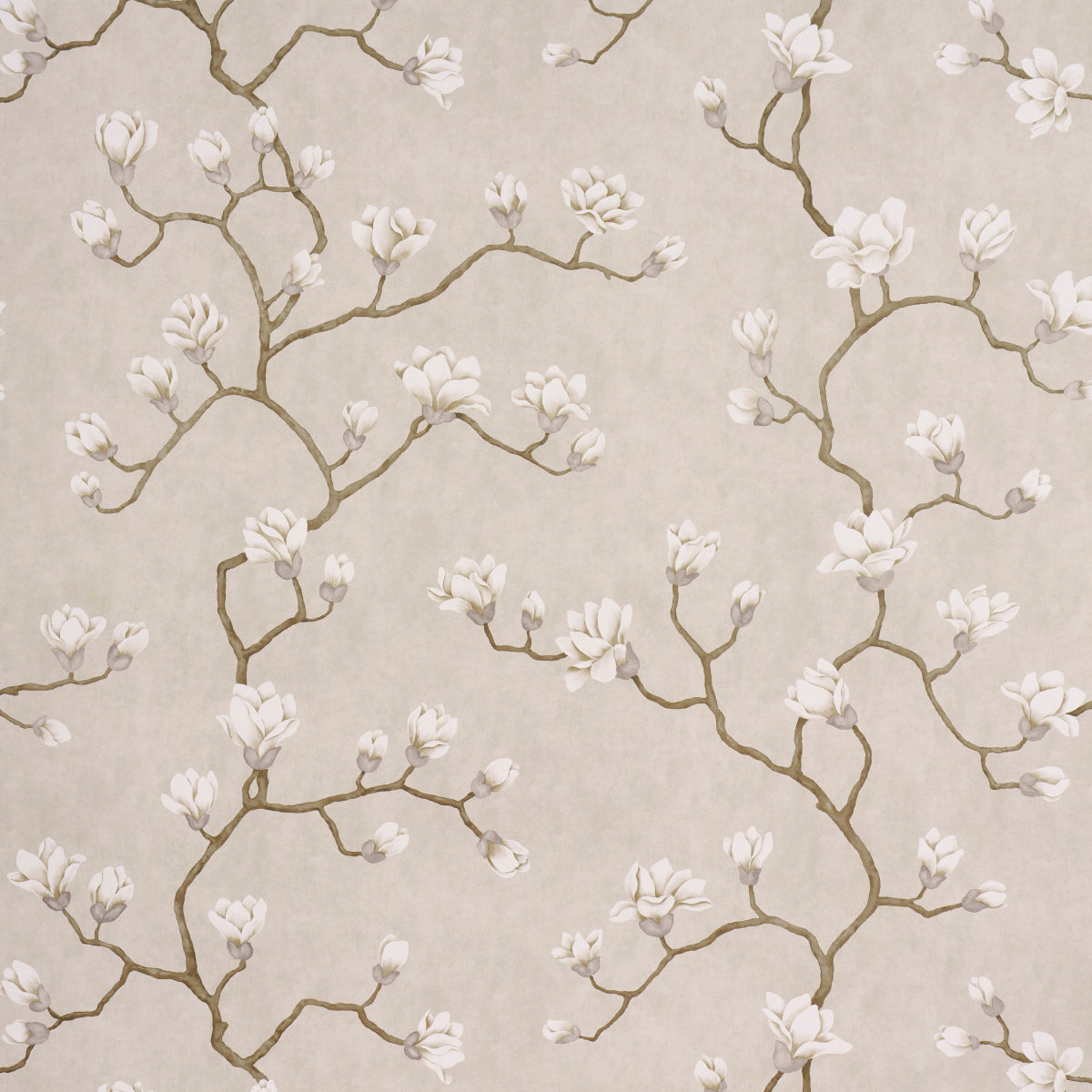 Beige wallpaper featuring brown twisting branches with white magnolia blossoms in a botanical pattern.