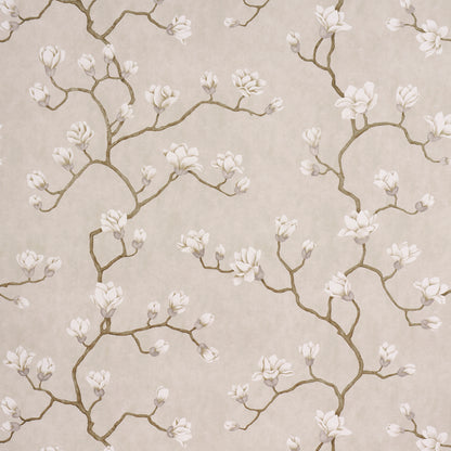 Beige wallpaper featuring brown twisting branches with white magnolia blossoms in a botanical pattern.