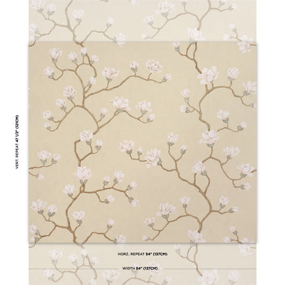 Beige wallpaper with delicate brown branches and white blossoms, elegant floral pattern for living room walls.