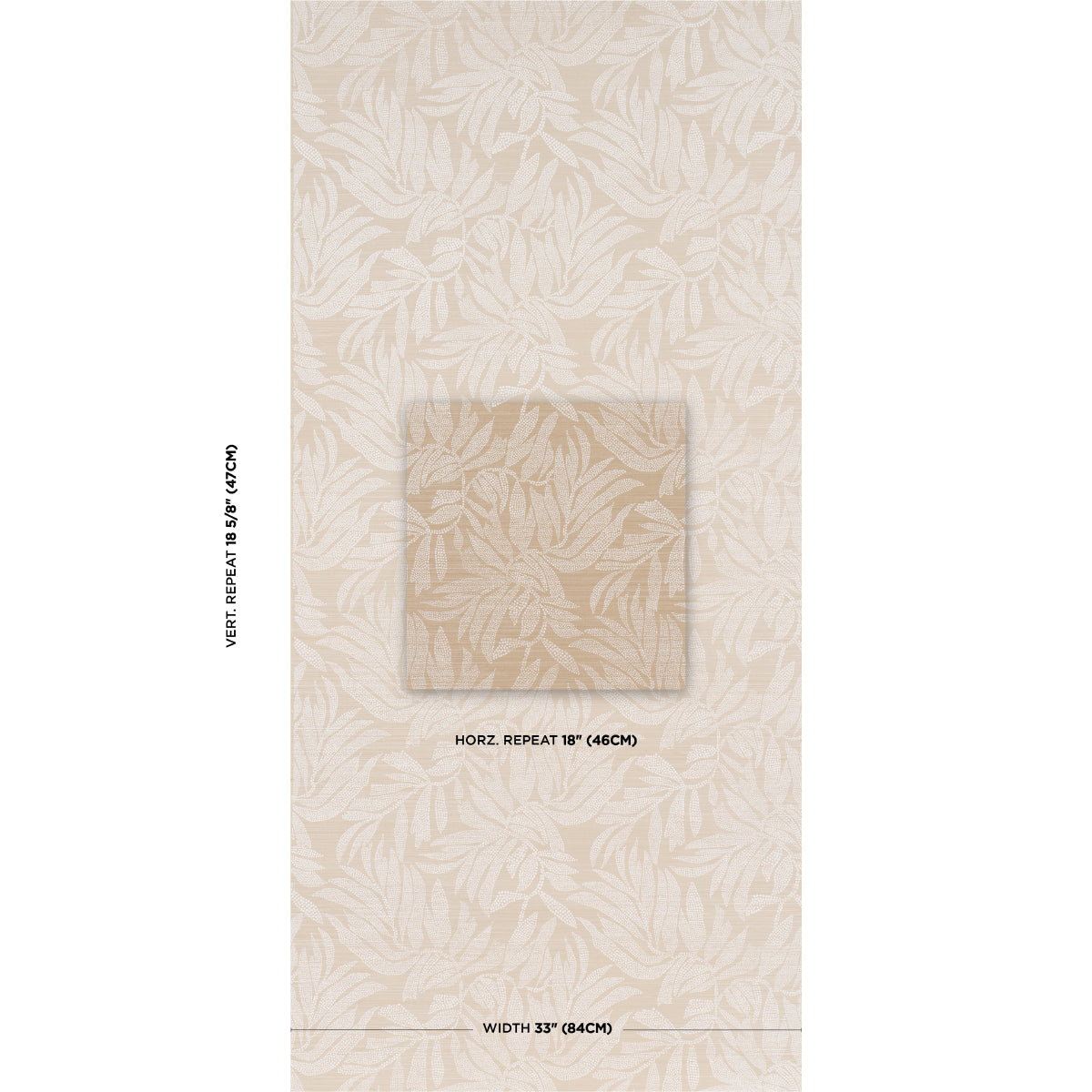 Beige tropical leaf wallpaper with off-white leaves; subtle textured pattern and a centered inset panel.