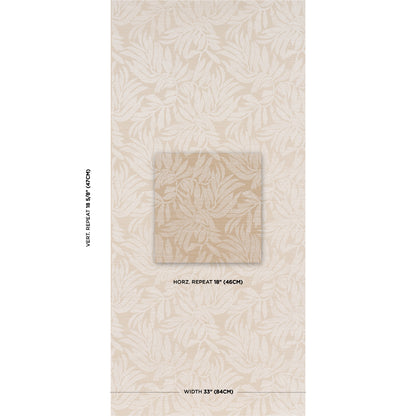 Beige tropical leaf wallpaper with off-white leaves; subtle textured pattern and a centered inset panel.
