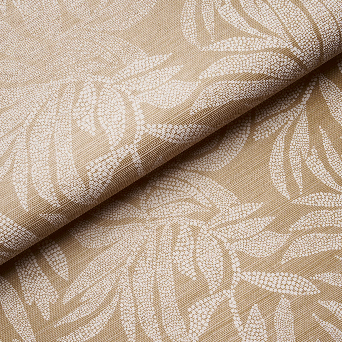 Beige jacquard fabric with white leafy pattern, rolled edge, linen-like texture, ideal for upholstery or drapery.