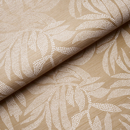 Beige jacquard fabric with white leafy pattern, rolled edge, linen-like texture, ideal for upholstery or drapery.