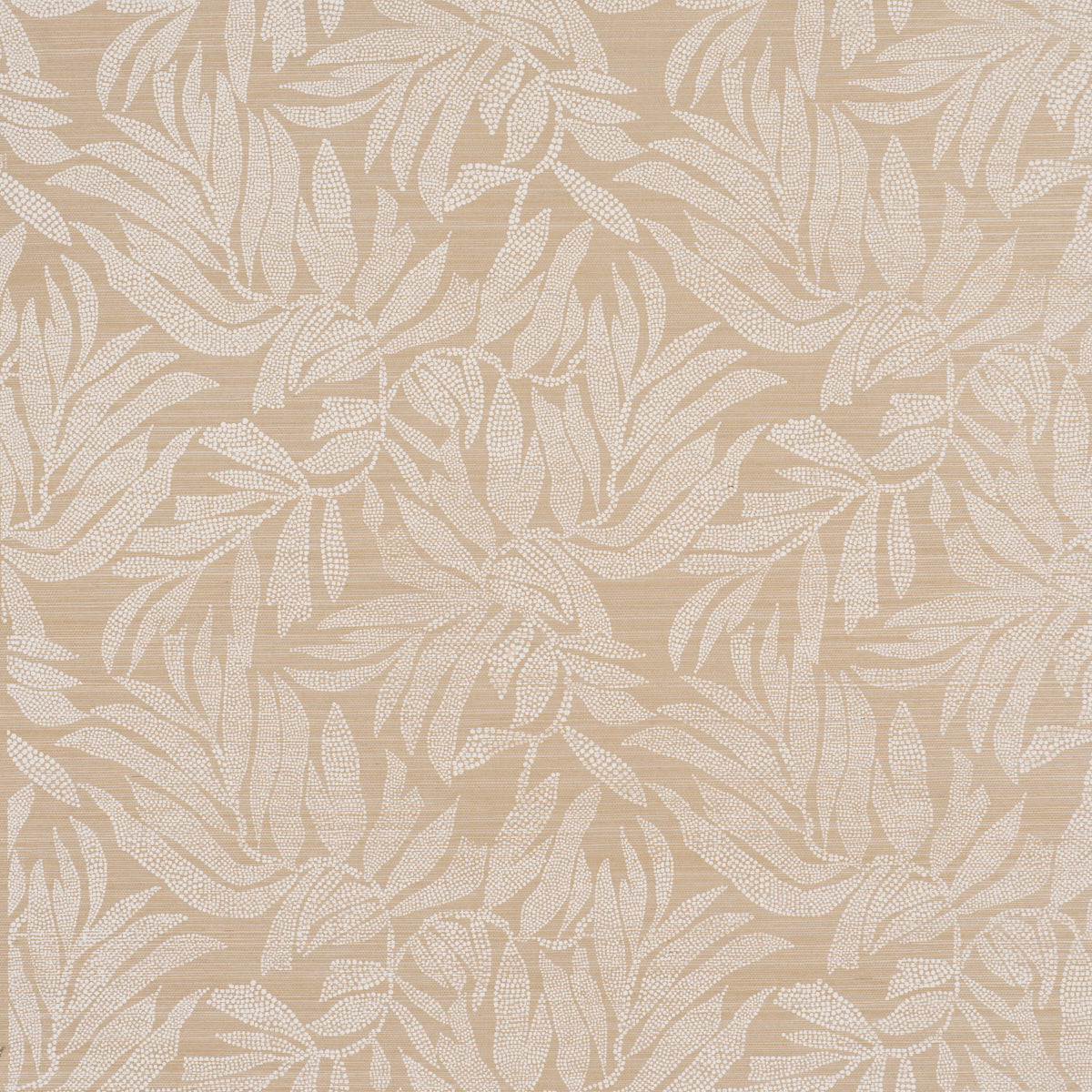 Beige wallpaper featuring cream leafy botanical pattern on a textured linen-like background.