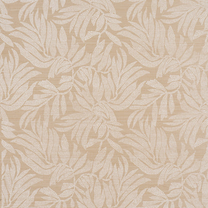Beige wallpaper featuring cream leafy botanical pattern on a textured linen-like background.