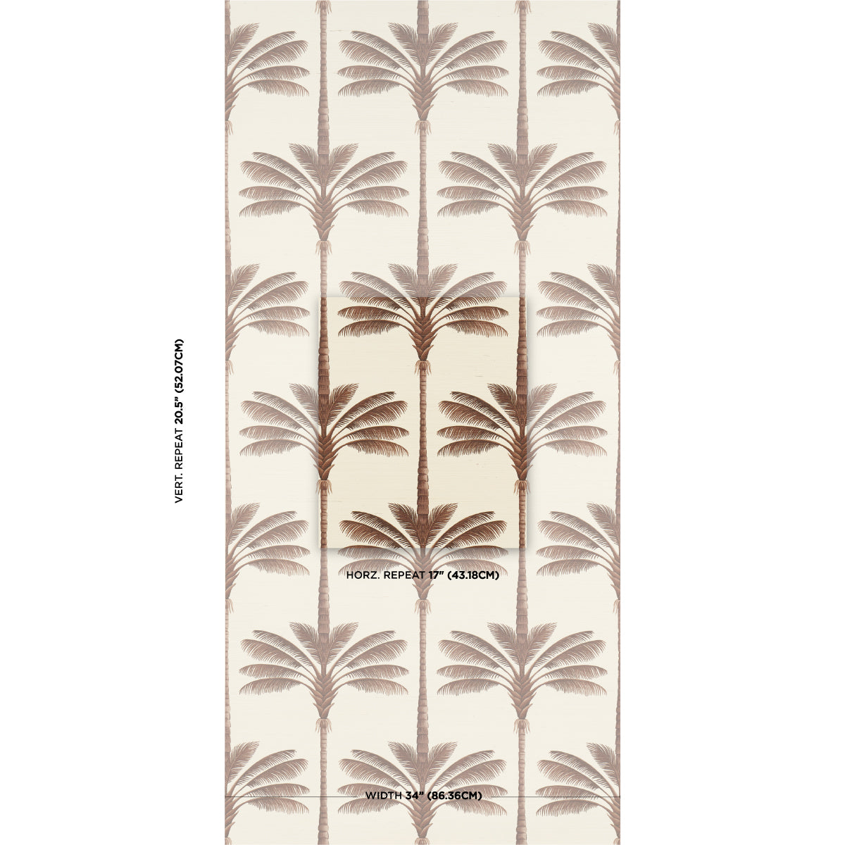Beige wallpaper with brown palm trees in a vertical repeating pattern for tropical decor.