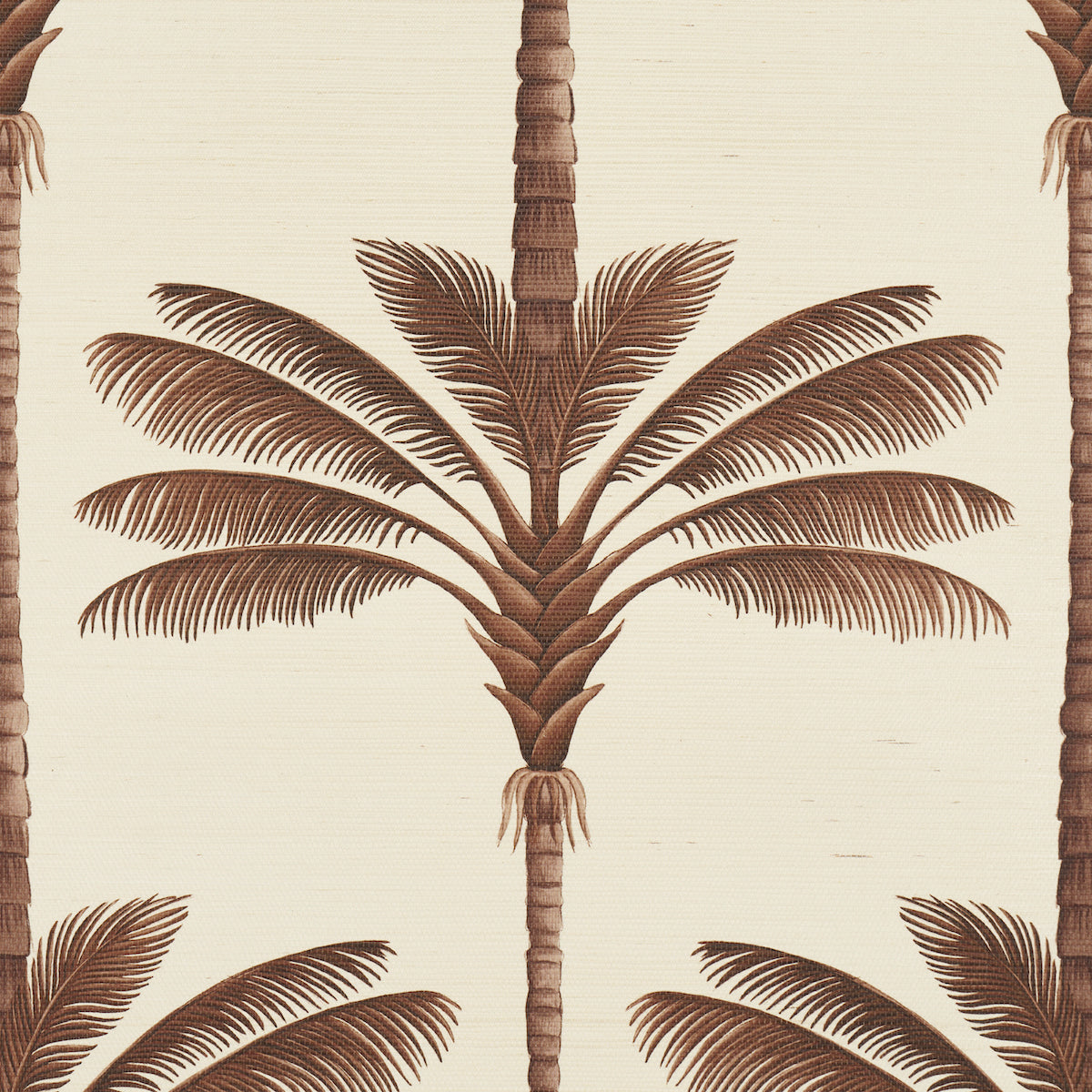 Brown palm tree motif on beige background; vintage tropical pattern with fanned fronds and stacked trunks.