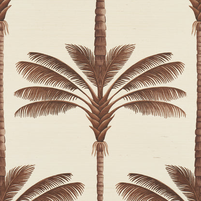 Brown palm tree motif on beige background; vintage tropical pattern with fanned fronds and stacked trunks.