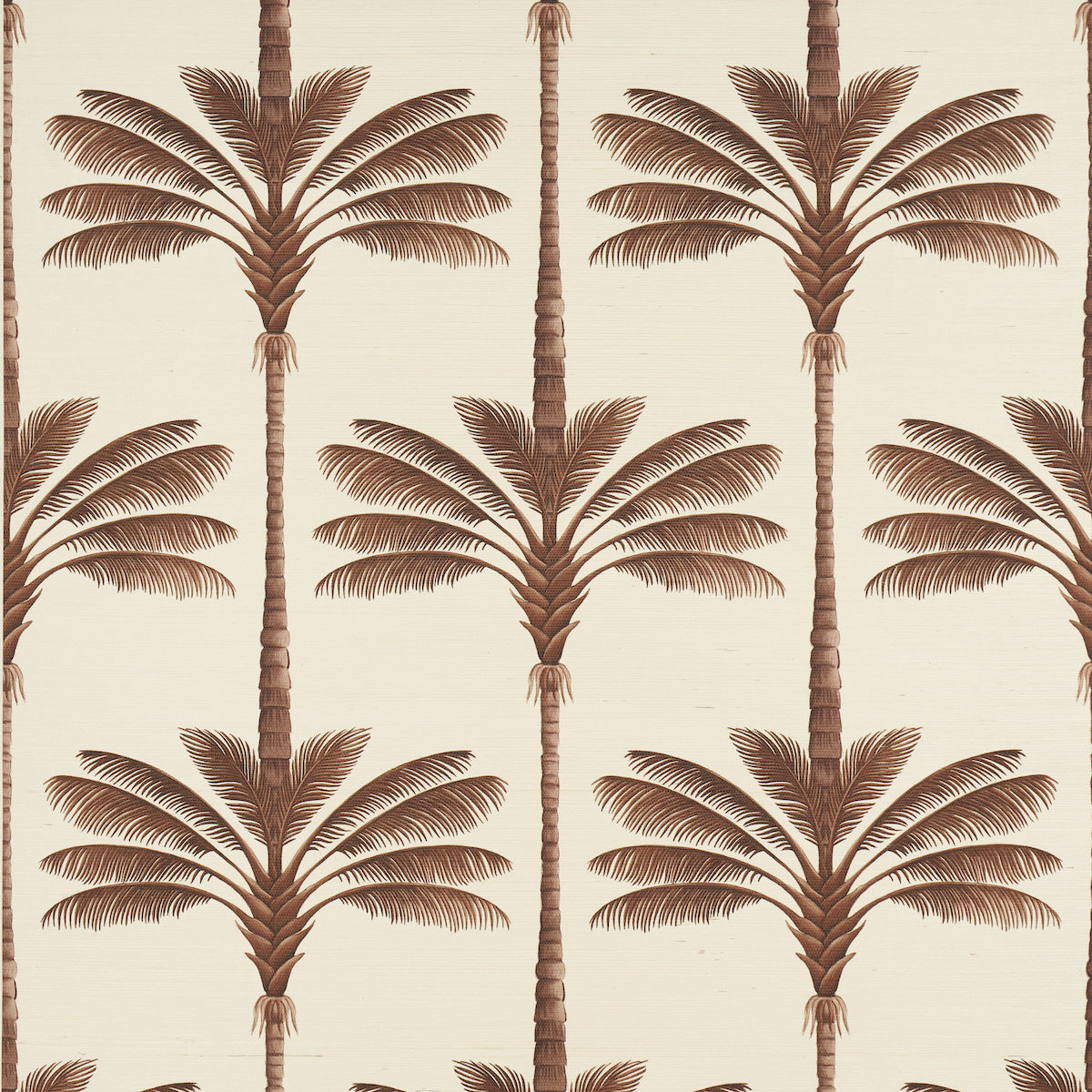 Brown palm trees in a repeating tropical wallpaper pattern on cream background.