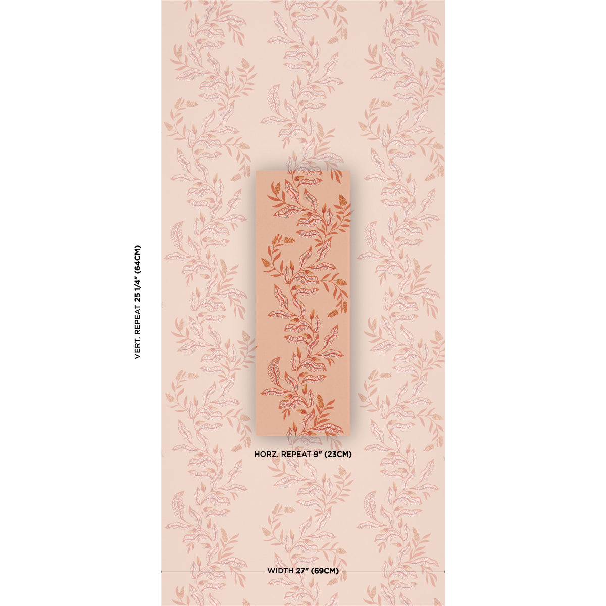 Peach rectangular card with orange floral vine motif, displayed on a peach floral-patterned backdrop.