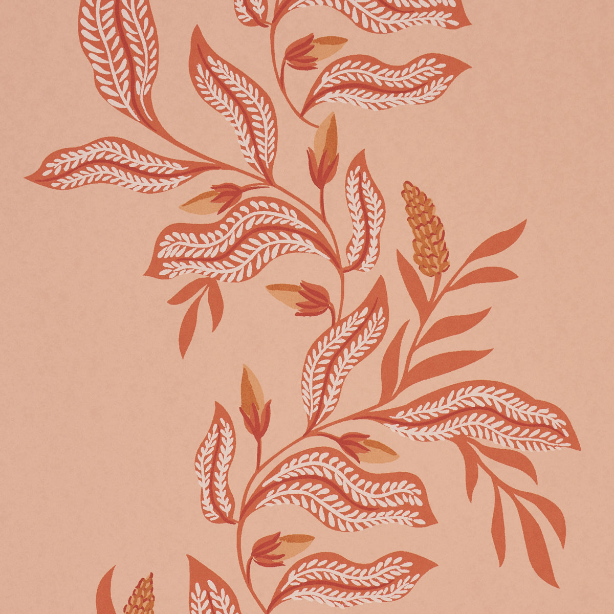 Peach background fabric with red-orange botanical vine print, stylized leaves and slender stems.