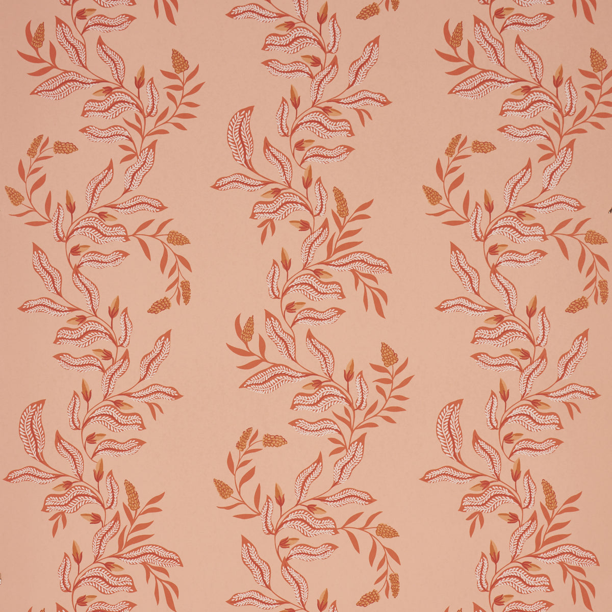 Peach background wallpaper with vertical repeats of orange-red botanical vines and slender leaves.