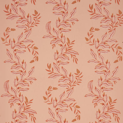 Peach background wallpaper with vertical repeats of orange-red botanical vines and slender leaves.
