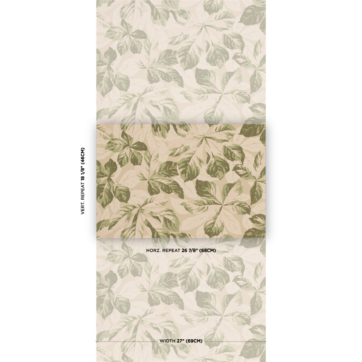 Botanical leaf print fabric swatches in cream and olive green, stacked sample sheets for upholstery or wallpaper.