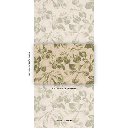 Botanical leaf print fabric swatches in cream and olive green, stacked sample sheets for upholstery or wallpaper.