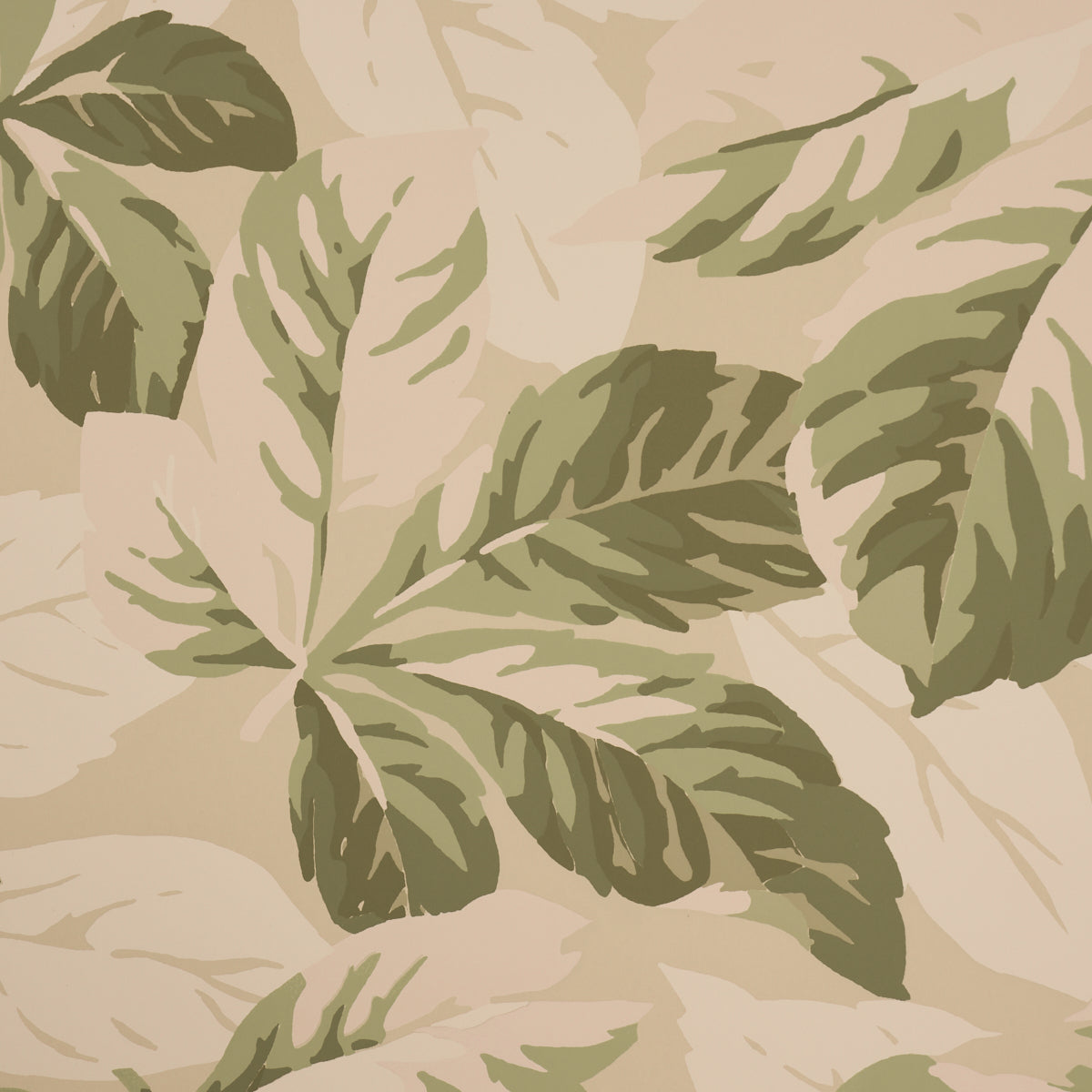 Beige background with large olive-green palm leaves in a tropical, overlapping pattern.