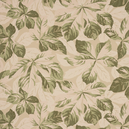 Beige background with green tropical leaf print, palm/monstera leaves in a seamless botanical pattern.