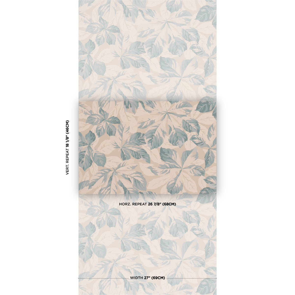 Blue wallpaper with tropical leaf pattern; botanical print, sample showing vertical and horizontal repeats.