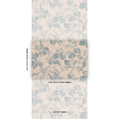 Blue wallpaper with tropical leaf pattern; botanical print, sample showing vertical and horizontal repeats.