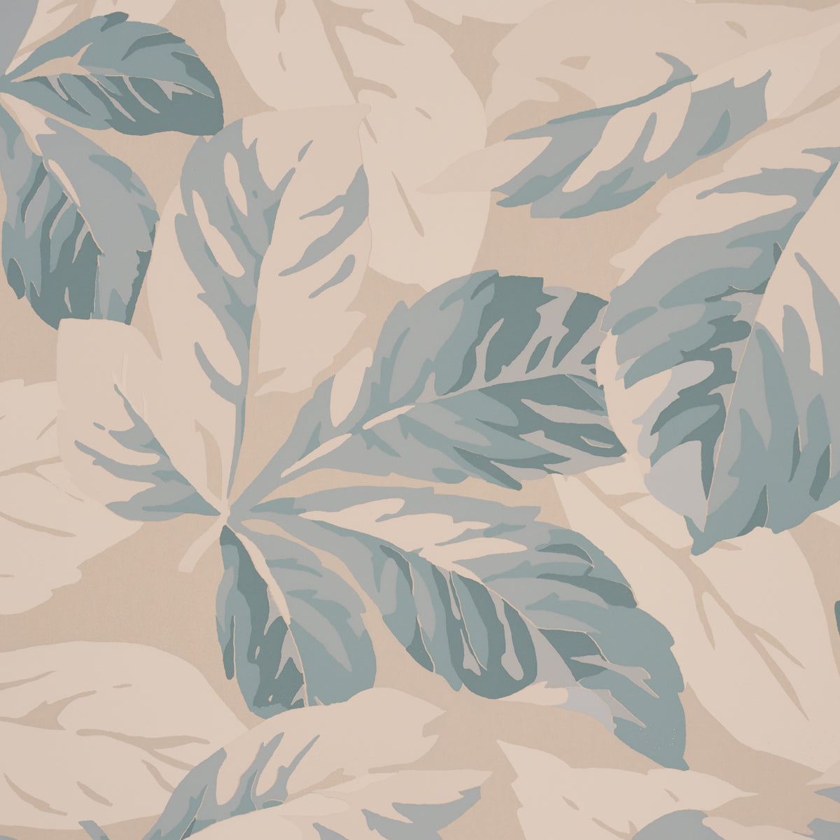 Beige background with blue-gray tropical palm leaves; soft botanical wallpaper pattern.