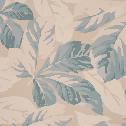Beige background with blue-gray tropical palm leaves; soft botanical wallpaper pattern.