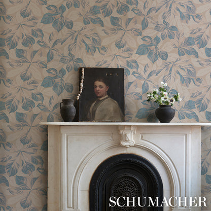 Blue wallpaper with an arboreal handprint pattern.