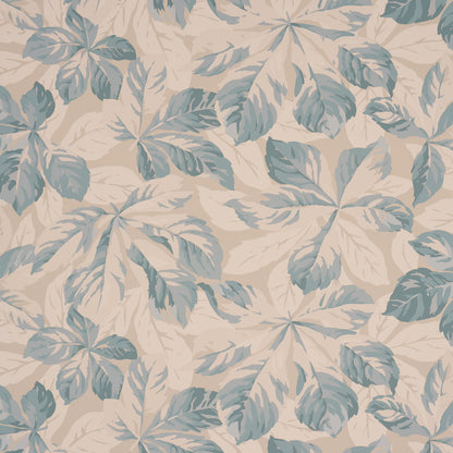 Beige fabric/wallpaper with blue tropical leaf pattern; palm-like leaves in cool blue tones, seamless repeating design.