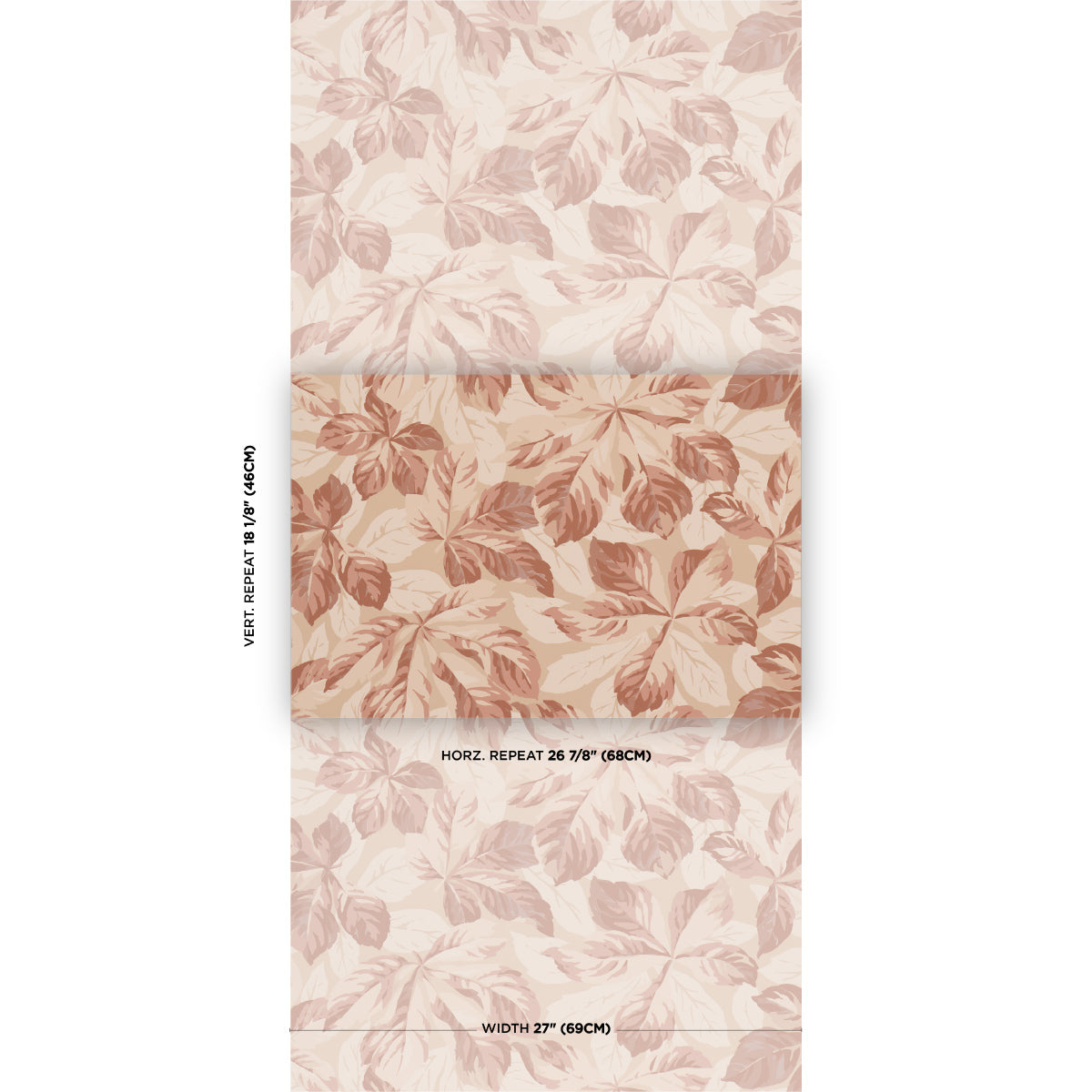 Soft pink botanical leaf wallpaper with warm rose tones and a repeating leaf pattern; swatch panels.