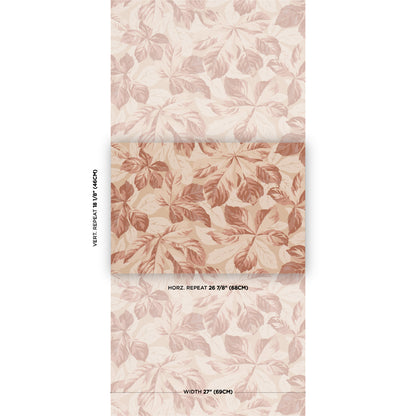 Soft pink botanical leaf wallpaper with warm rose tones and a repeating leaf pattern; swatch panels.