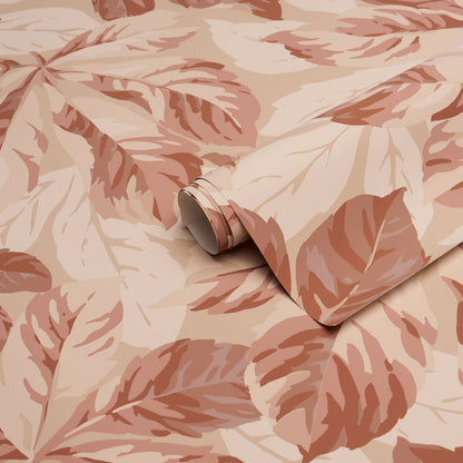 Arboreal handprint fabric in spice tones with warm beige & clay brown, rolled corner.