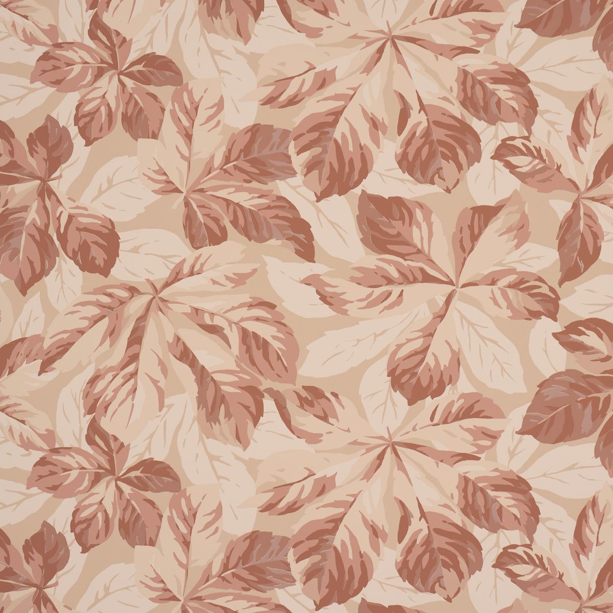 Beige fabric pattern with warm brown and peach palm-leaf botanical print for upholstery or wallpaper.