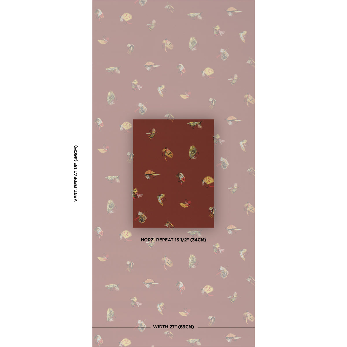 Russet wallpaper with scattered beige fly fishing motifs; centered burgundy swatch; shows horizontal repeat and 27" width.