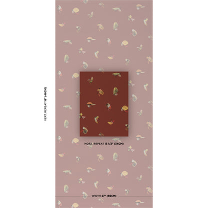 Russet wallpaper with scattered beige fly fishing motifs; centered burgundy swatch; shows horizontal repeat and 27" width.