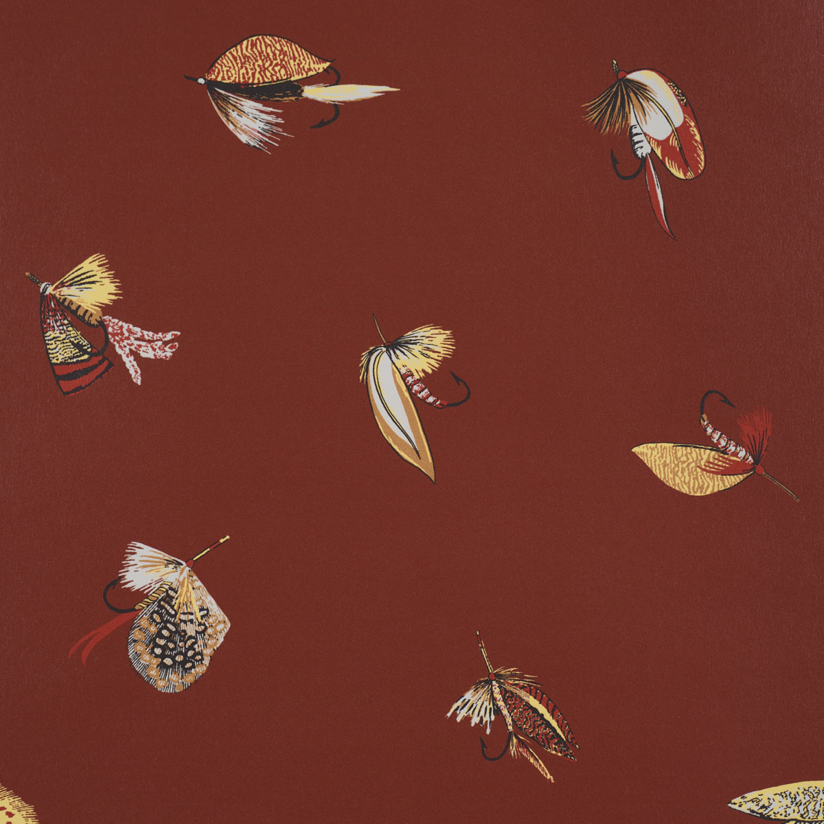Rust-colored textile pattern featuring scattered vintage fishing flies in gold, cream and brown.