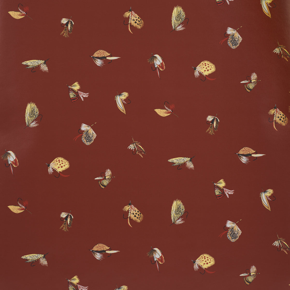 Rust red fabric with scattered yellow-beige butterfly motifs; vintage botanical print for apparel or upholstery.
