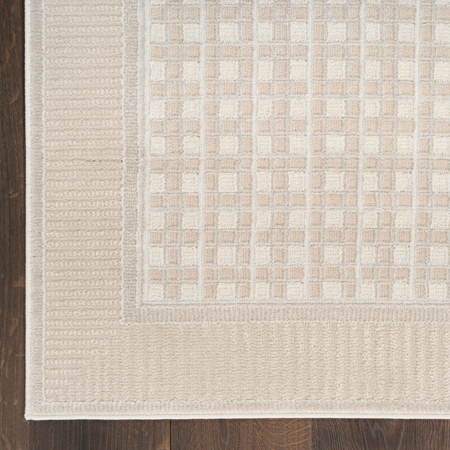 Neutral beige area rug with grid-pattern center and textured border on dark wood floor.