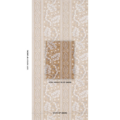 Beige wallpaper with white damask vine pattern in vertical panels and a central darker beige band with ornate foliage.