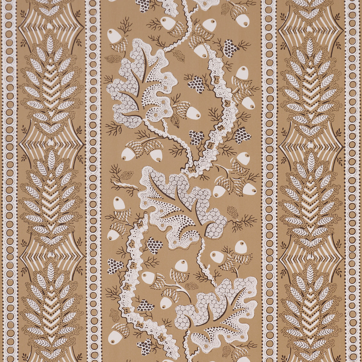 Beige botanical wallpaper with white fern and coral‑like leaves, framed by brown decorative striped borders.