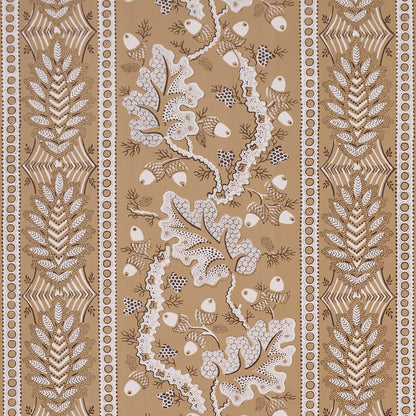 Beige botanical wallpaper with white fern and coral‑like leaves, framed by brown decorative striped borders.