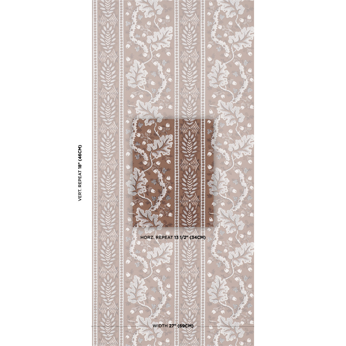 Beige wallpaper featuring white botanical damask pattern in vertical stripes, vintage/victorian style roll sample.