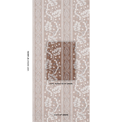 Beige wallpaper featuring white botanical damask pattern in vertical stripes, vintage/victorian style roll sample.