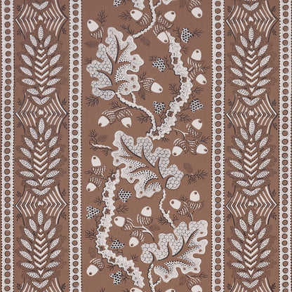Brown fabric wallpaper with vertical cream botanical stripes, ferns, leaves, and coral-like branches.