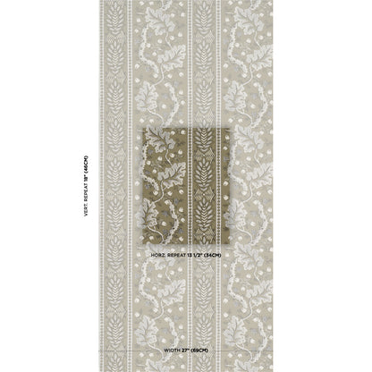 Vertical botanical wallpaper in beige and taupe with leafy vine stripes; darker swatch overlay; width 22" (69 cm).