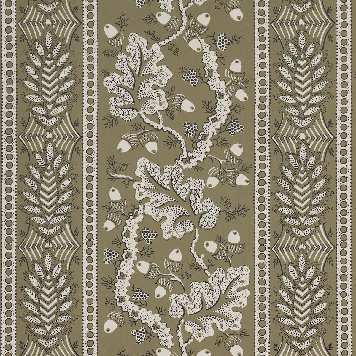 Olive green wallpaper with cream coral-branch central panel and fern motif side panels with dotted borders.