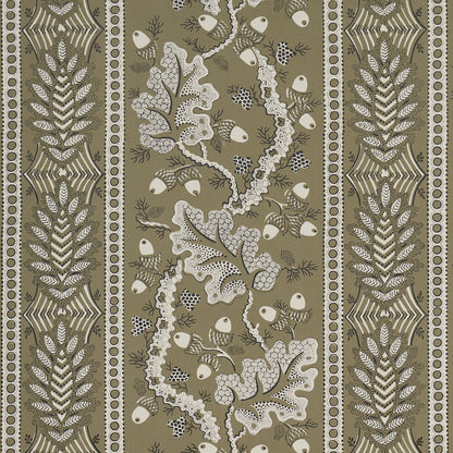 Olive green wallpaper with cream coral-branch central panel and fern motif side panels with dotted borders.