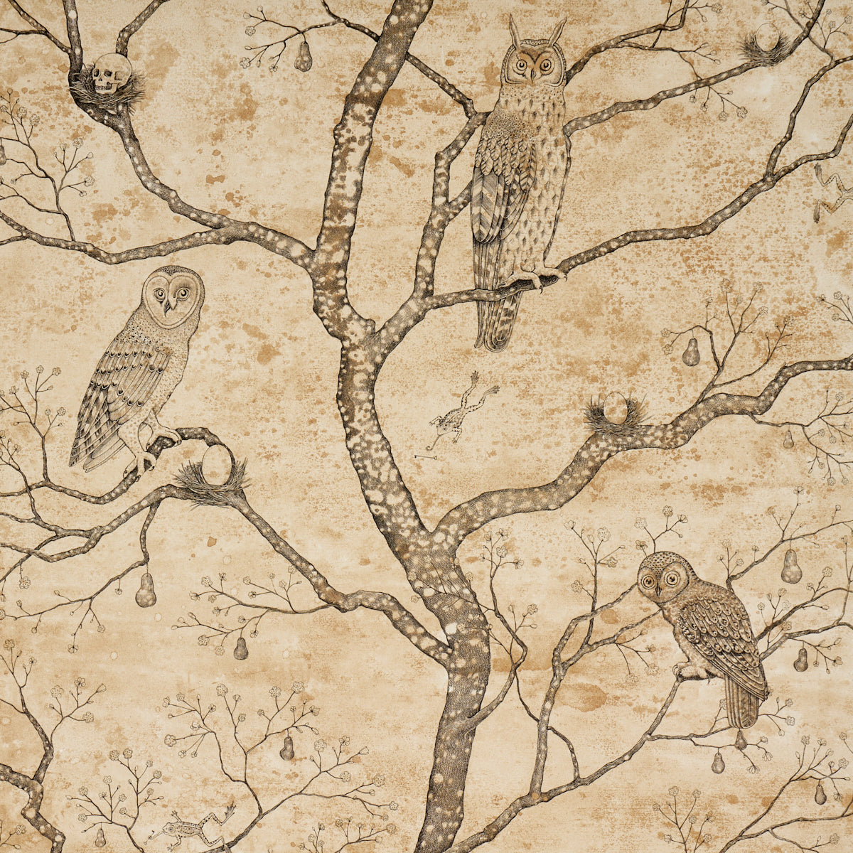 Vintage beige wallpaper pattern with detailed brown owls perched on bare branches, antique botanical style.