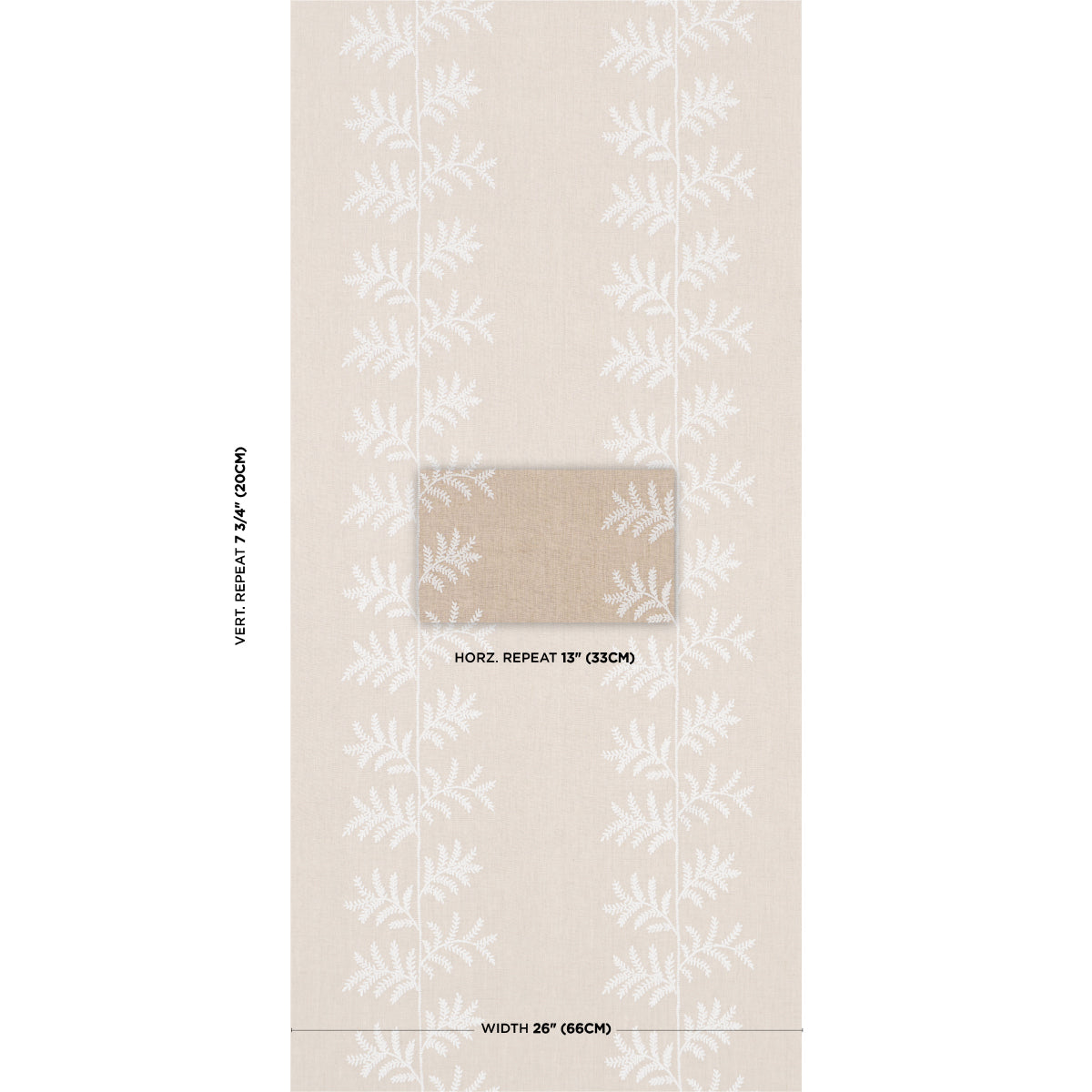 Beige wallpaper sheet with white fern pattern, central darker beige swatch, sample showing repeat and width.
